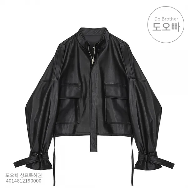 도오빠 여성 가죽 자켓 여자가죽재킷 가을 겨울 크롭 배꼽 길이 얇은 0.82kg 스트랩 허리띠 풍선 소매 벌룬 연꽃소매 가오리 카라