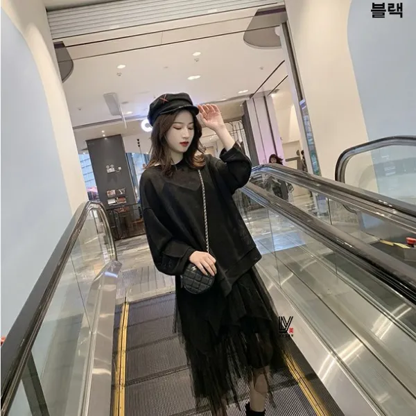 이우미 여성 가을 긴소매 니트 블라우스 끈나시 망사 미디투피스 레이어드 루즈핏 캐주얼 미디 원피스 여친룩 파티룩 RW792