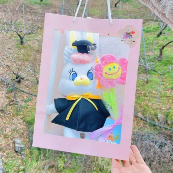 댕이네꽃밭 학사모 졸업 테드 리코 인형꽃다발 선물세트 졸업식선물 졸업식꽃다발, 학사모리코+분홍종이백+스마일꽃다발1송이