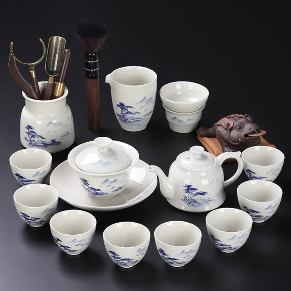 문스토어 Moon스토어 도자기다기세트 농구 복권 페인팅 국유 회차 심플 궁푸차 풀 티 뚜껑공기 다관 13 헤드 페인팅 블루 채색 초목회