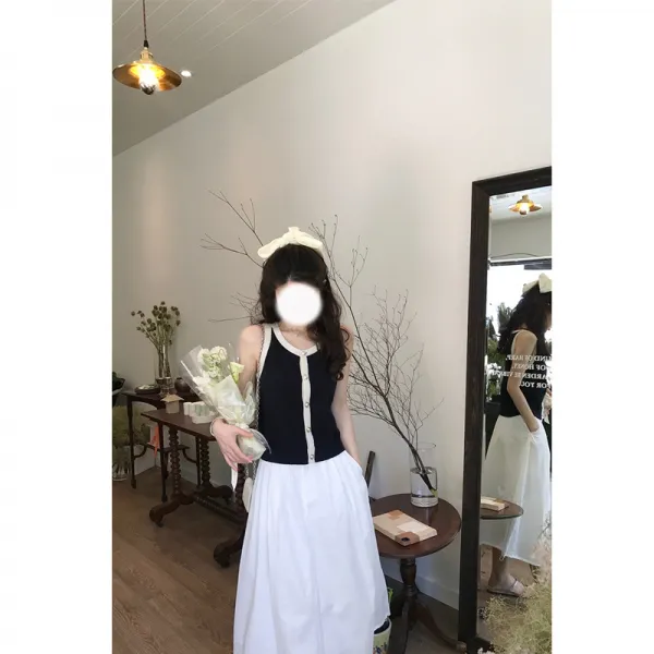 다과회 비싸다 비싸다 향기롭다 소녀 V넥 민소매 니트 조끼 기질 세련되다 심플하다 여성복 여름