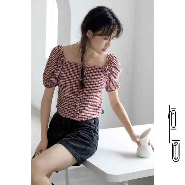 항 그림 스퀘어넥 벌룬소매 여성 여름 프렌치시크 쇄골 슬림핏 숏 상의