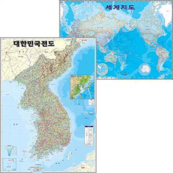 [지도코리아] 세계지도+대한민국전도(지형) 109*79cm 양면코팅 사은품증정