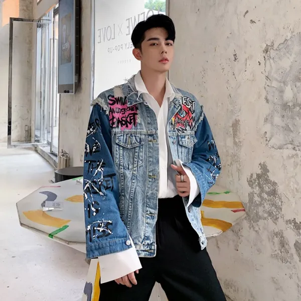 벨라루티 빈티지 스트릿룩 스크래치 레터링 남자 데님자켓