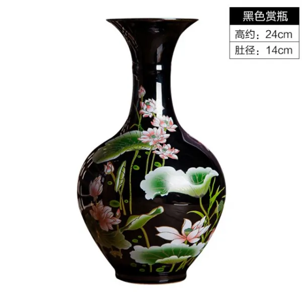 자게화병 Jingdezhen 급격히 유약 블랙 세라믹 꽃병 로터스 패턴 현대 홈 앉아 룸 장식품, a