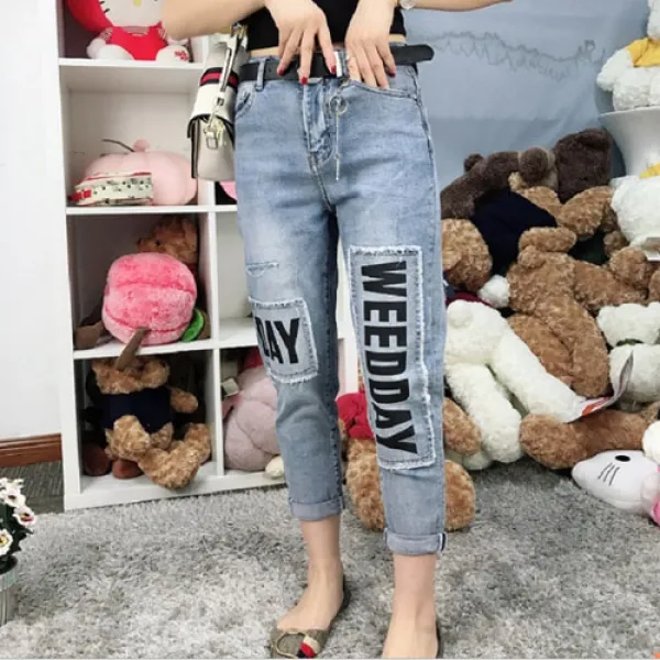 빅걸스토리 여성 빅사이즈 1613 영문프린트 워싱 빈티지 청바지