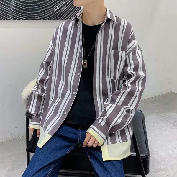 차가운 바람 셔츠 디자인 남 bf 원숙풍 스트라이프 박시 톤온톤, 갈색