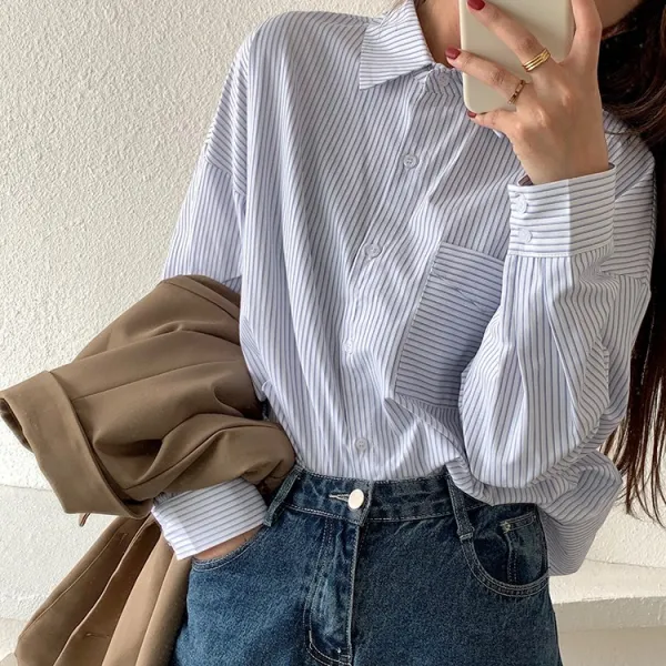 조랑말족 소녀 심플 핀스트라이프 포켓 이너 긴팔 겹치다 입다 와이셔츠