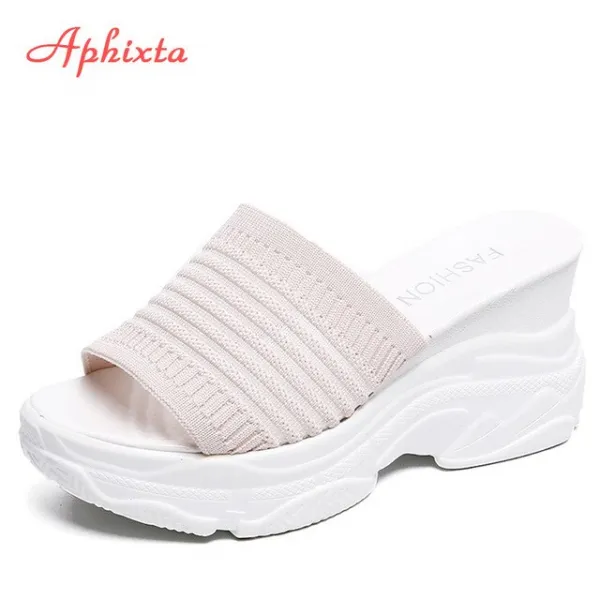 Aphixta 코튼 패브릭 플랫폼 웨지 슬리퍼 여성 신발 뮬 방해물 깅엄 샌들 소녀 플립 플롭 슬라이드 pantufl