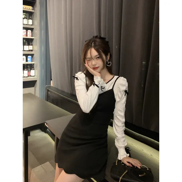 블랙원피스 SEOUL CHIC 클래식 바람은 달다 본 멋지다 대단하다 모직 끈나시원피스 검정치마 여성 3978722266