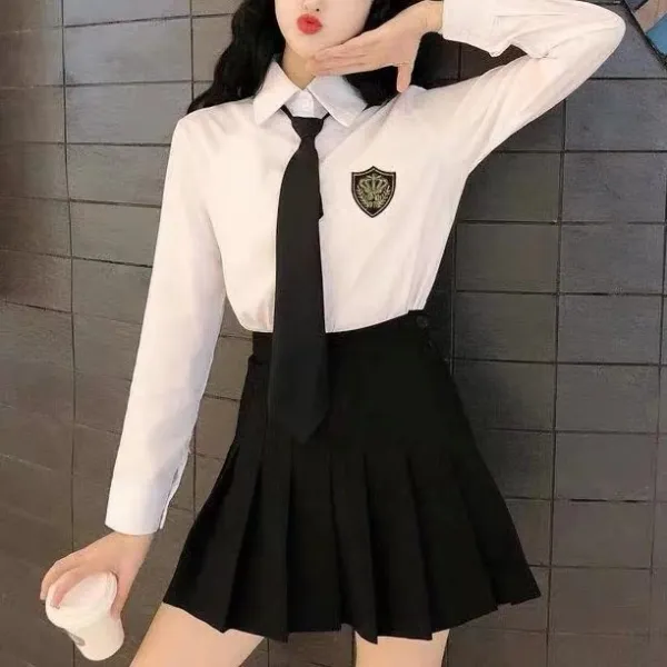 코리아1샵 화이트블라우스 여성 디자인 감각 보이핏 볼륨 교복 INS 가을 학생복 유니폼 학원 무드  어텀