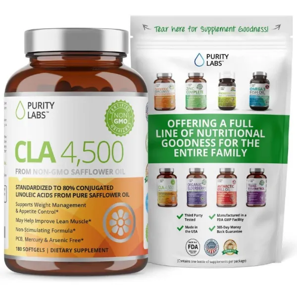 순수성 실험실 CLA 4 500MG 잇꽃 기름 번호 하나 체중 감소 뚱뚱한 가열기 보충 교재 180 Softgels 비 GM, 1