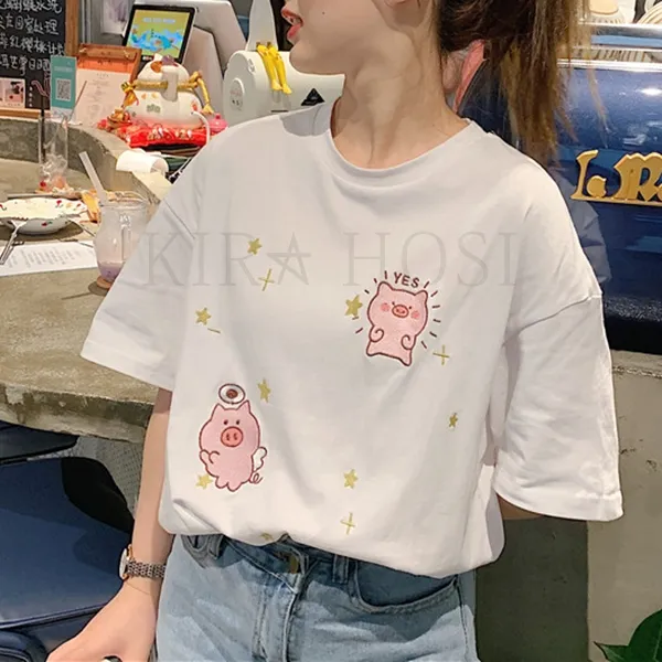 kirahosi 여자 여름 대학생 프린트 박스티 오버핏 반팔 티셔츠 + 덧신 증정 C30wgbk