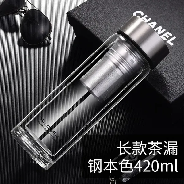 텀블러 유리컵 남여공용 휴대용 더블층 대용량 물컵 가정용 여과 찻잔 찻물 분리 컵, T11-철본색 420ml찻물 분리 찻값