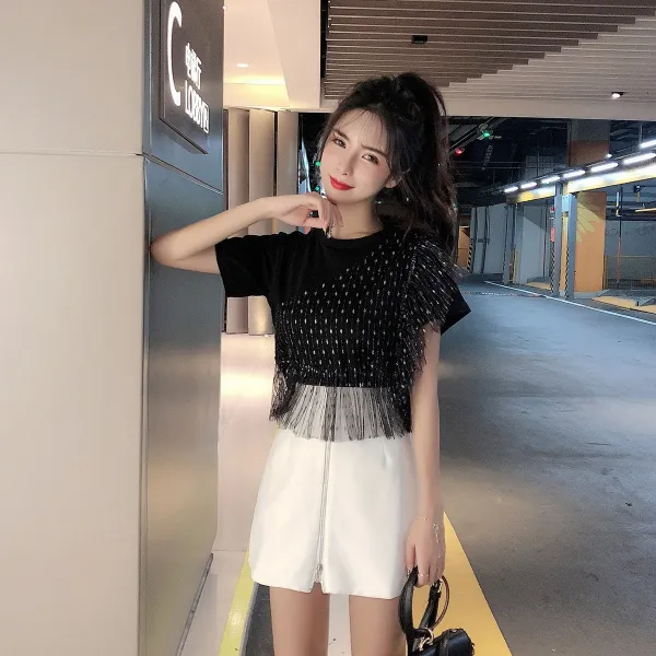 데일리룩 패션 라운드 숏 반팔티x핫팬츠 코디 데일리 슬림