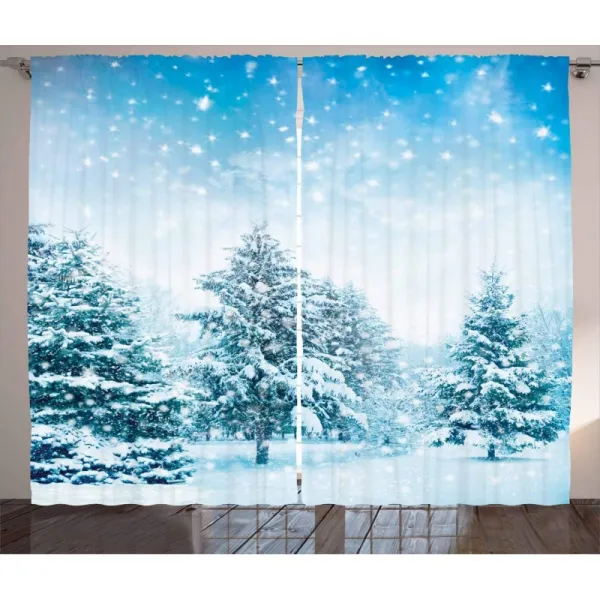 ABAKUHAUS 겨울 커튼 전나무 산비탈 인테리어 장식 악센트 세트 2 패널 280cm x 260cm 화이트 블루