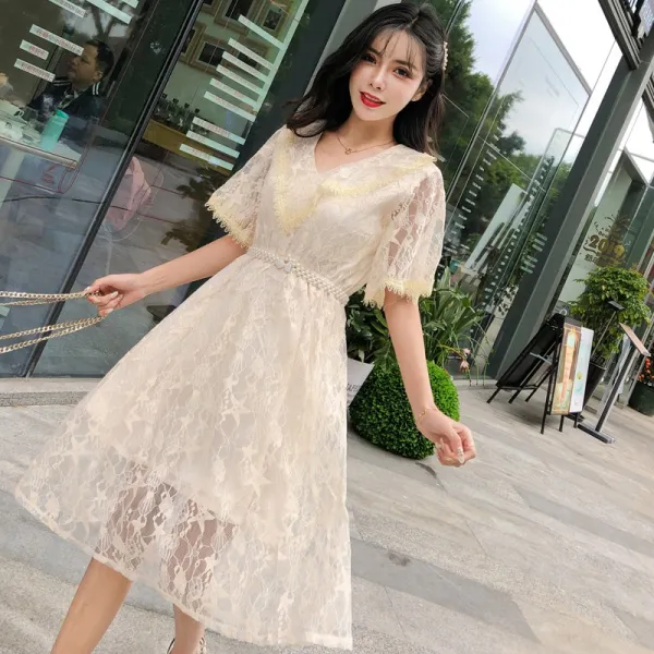 패션이루 브이넥 레이스 원피스 시스루 하객룩 여성 여름 슬림