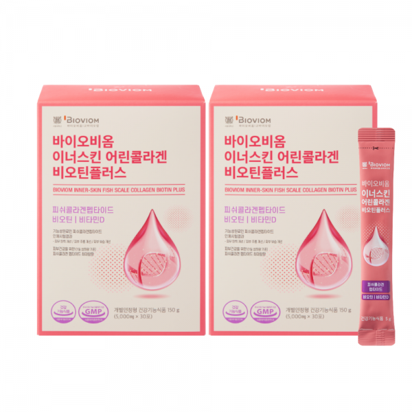 [서울대 바이오비옴] 저분자 피쉬 어린 콜라겐펩타이드 비오틴플러스 식약처 인정 국내 최대함량 3270mg 2중 기능성 자외선 차단 피부보습, 30포, 2개