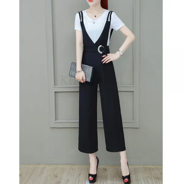 Kirahosi 퀄리티 6 여름 여성 반팔 티셔츠+멜빵 바지 세트 점프수트 투피스 32 +스마트 스트랩 증정 Ys28he