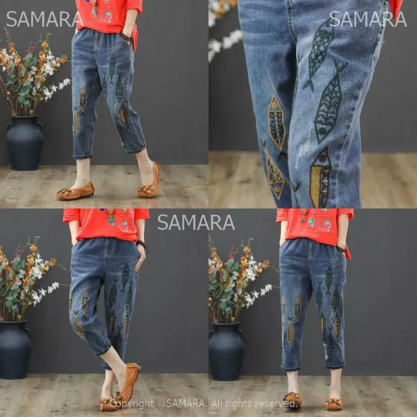 Qterra 특허브랜드 자수 배기청바지 밴딩 여성 빅사이즈 하이웨스트 7부