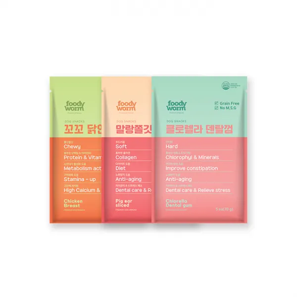 [푸디웜] 저알러지 기능성 애견간식, 1개, 노령견세트(꼬꼬닭안심+말랑쫄깃돼지귀+클로렐라덴탈껌)