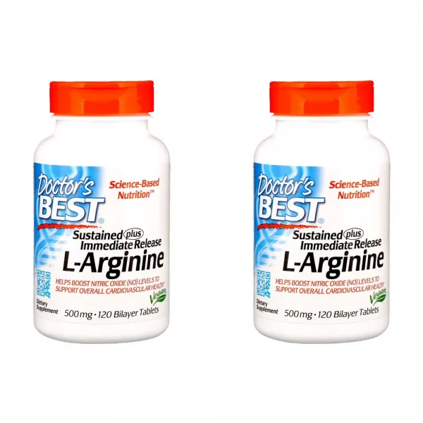 [미국직구]Doctor's Best 지효성 즉효성 L아르기닌 500mg 이중층정 120정 2병, 선택, 상세설명참조