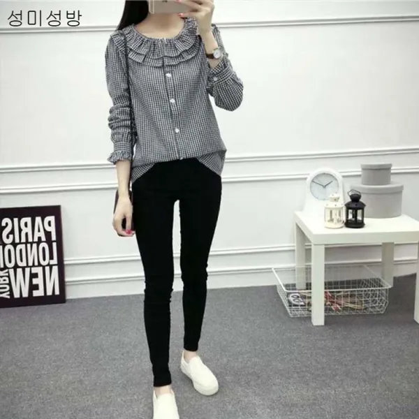 성미성방 가을 땡땡이 Mm 셔츠 기질 학생 긴팔 여 디자인 빈티지 하의 라지 캐주얼 뷔스티에 청 소매 톱 블라우스x02