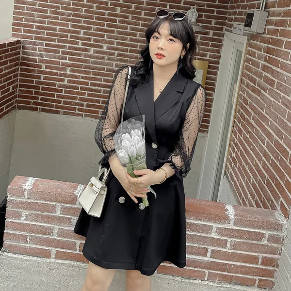 Apr.15 216번 빅 사이즈 통통 mm 정장 원피스 여춘하 디자인 소중불식 망사홍폭가 블랙 스커트눅눅하다Z