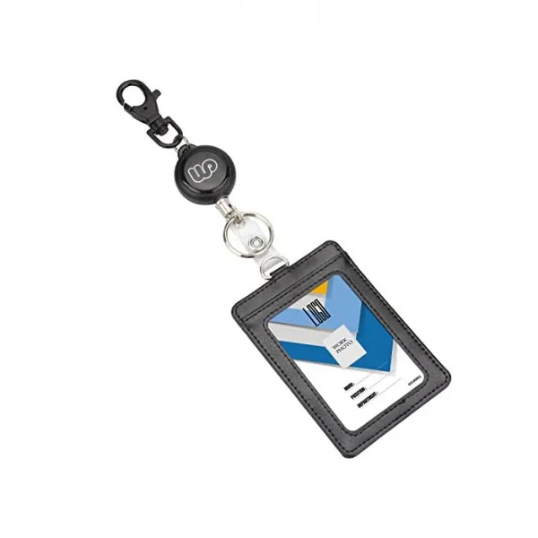 Wisdompro ID 카드 홀더 릴 세로 PU 가죽 양면 용 사원증 이름표 정기권 지갑 · 패스 케이스 확장 유형 이름 블랙