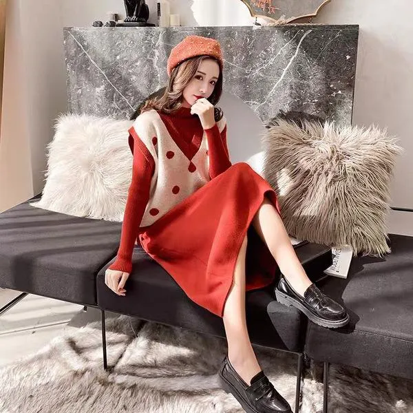  과대포장 여성 슬림핏 롱 원피스 토트 베스트 한벌 셋트