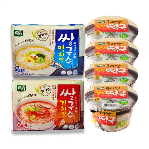 백제 쌀국수 멸치맛 92gx6개 + 김치맛 92gx6개 + 우리쌀 햅쌀 떡국 163gx4개, 1세트