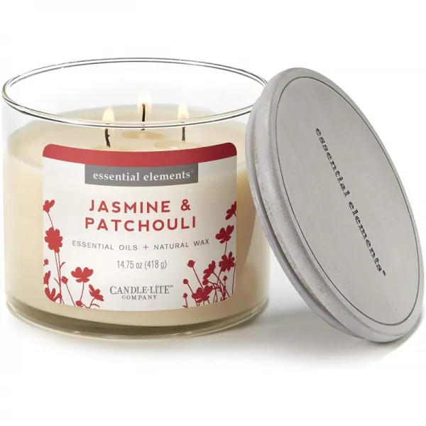 Essential Elements by Candle-Lite Company 향 자스민 & 파출 리 3-Wick Jar Candle 14.75 oz Off White, 단일옵션