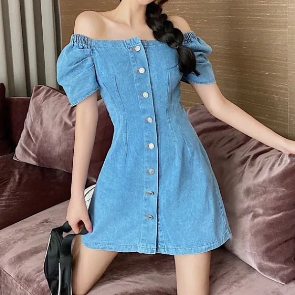 봄빛 빅사이즈 데님 플레어 셔츠 미니 원피스