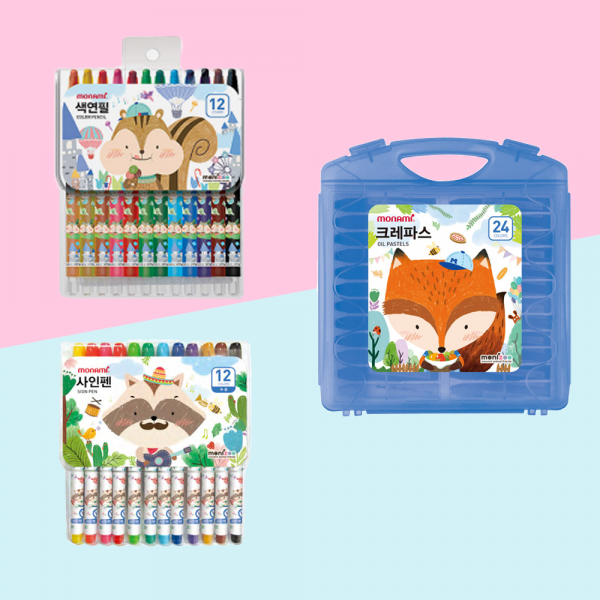 모나미 크레파스+색연필+싸인펜 3종 색칠세트 노랑 파랑 분홍 색상선택
