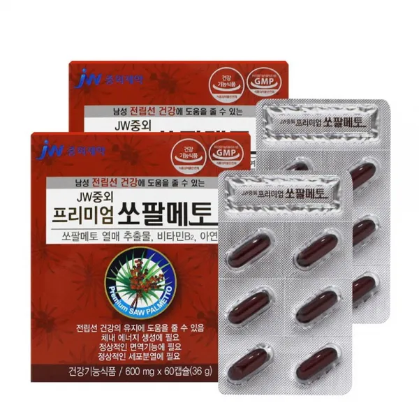 JW중외제약 프리미엄쏘팔메토 로르산 영양제 아연 쏘팔메토 비타민B2 쏘팔매토 전립센 60캡슐2박스