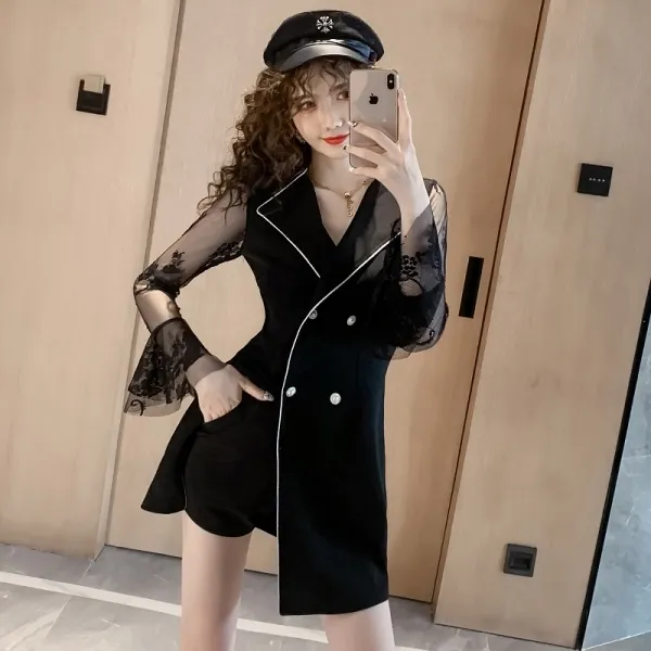 여군룩 테일러드 더블버튼 언발 시스루원피스