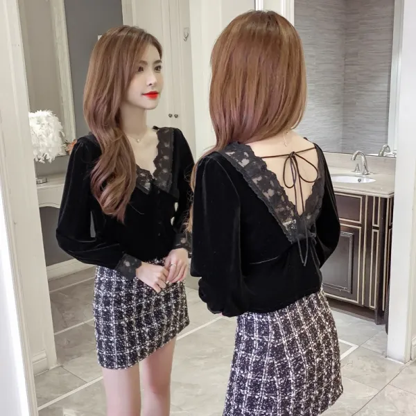 제이에스컴퍼니 브이넥긴팔 봄계절 클래식 소프트스타일 등성이가 노출된 금 벨벳 여성 슬림 숏 스트랩 트렌드
