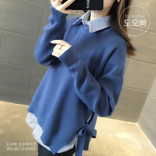 도오빠 여성 니트 카라넥 라운드넥 레이어트 리본 캐주얼 데일리 포인트 여자니트