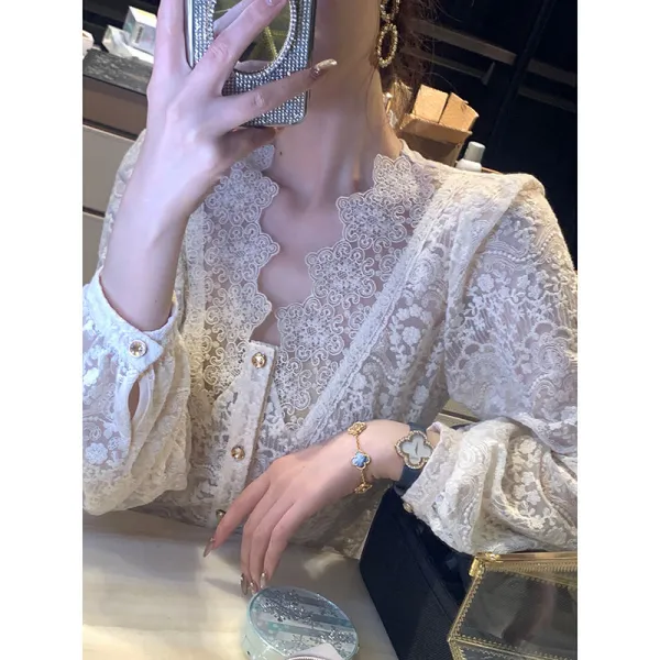 파파레이 빈티지 긴팔 클래식 홍콩무드 레이스 쉬폰 이너티셔츠 이너웨어 여성 감각 보이핏 볼륨 겨울 가을