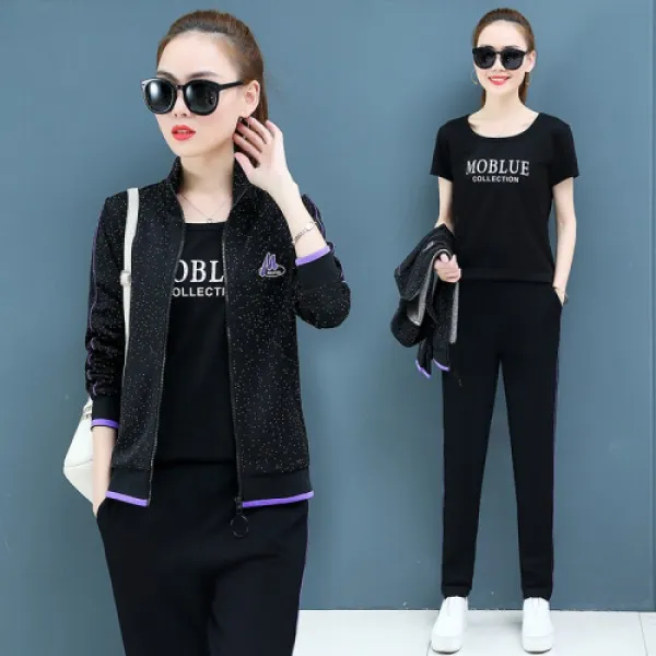 홍운새 고단점점포스매치 여춘추 여름 뛰기 운동복 2019신상한판장미녀생춘추구복 3가지 세트장.검은색 여자 4xl 건의 140bower 150 잭 9866 