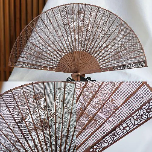 테필라 빈티지소품 펀칭 차이나 단향부채 쑤저우시 선물 완상 공예품 단향목 나무 접이식, 명승고적 -스카이 여성 흩어진 꽃 （