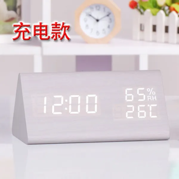 알람 충전 축전 시계 야광 침대헤드 전자종 디자인벽시계 학생 온습도계 T10 온도와습도 버전 화이트우드 화이트문자 2018충전식