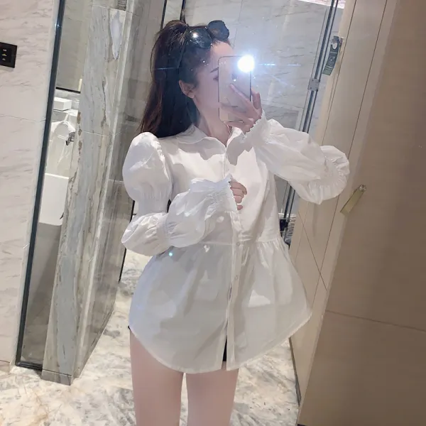 셀럽스토어 프레이치 볼품 여자 프렌치시크 클래식 감각 벌룬소매 셔링 와이셔츠 여성 언발 허리벨트 셋업 보정 조끼