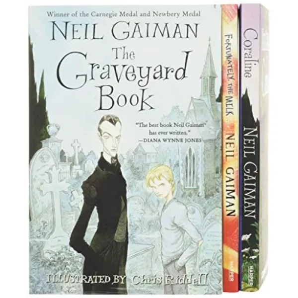 Neil Gaiman / Chris Riddell 3 책 상자 세트 : Coraline; 묘지 책; 다행히 우유, 단일옵션