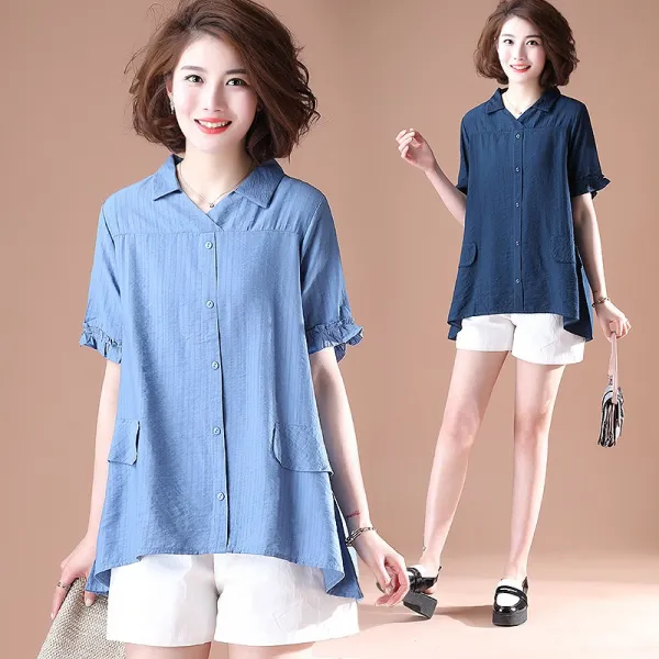 패션이루 빅사이즈 롱 린넨 셔츠 여름 블라우스 반팔 오피스룩