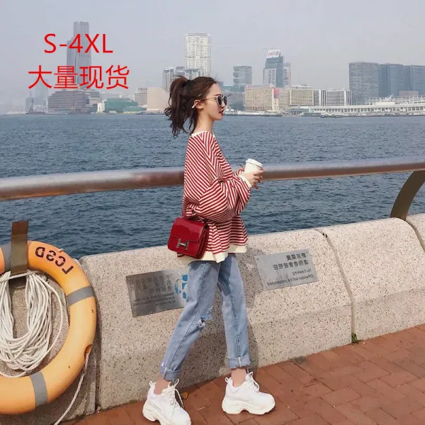 추동 신키 스트라이프 니트 데님 팬츠 세트 네트 레드 서양기여 이른 가을