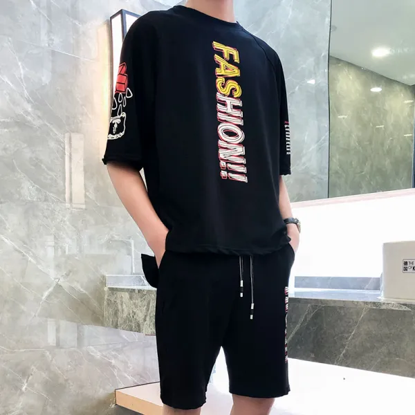 잘 생긴 여름 정장 트렌드와 트렌디 한 남자의 반소매 T 셔츠 남성 그물 빨간색 느슨한 동정심 셔츠 남성 정장, 패션 잉글리쉬 블랙 (세트) + M