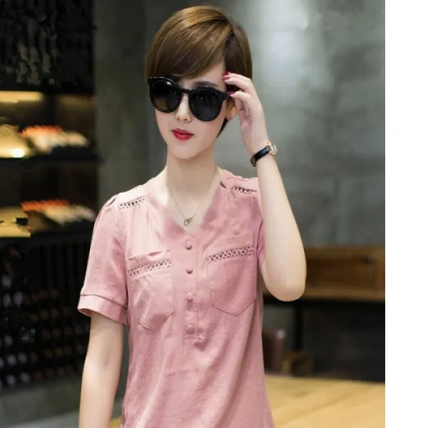 [해외]여성상의 > 티셔츠 긴팔 WOMEN / 한국 여름 여성의 느슨한 리넨은 동정심에 얇은 단색 V 넥면 t 셔츠 여성 반소매 와이 셔츠이었다 (배송비 및 관부가세포함가격)