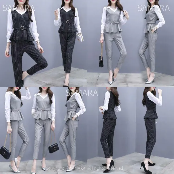 Qterra 특허브랜드 오피스룩 허리밸트 스트라이프 베스트9부바지 투피스