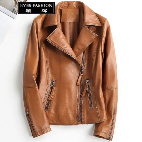 EYES FASHION 진짜 가죽 여성용 가죽옷 짧은 옷차림 수입하다 면양가죽 외투 봄가을 새로운 스타일 슬림핏 재킷 캐주얼 얇은 모양 기관차복 스탠드 칼라 상의 양복 칼라